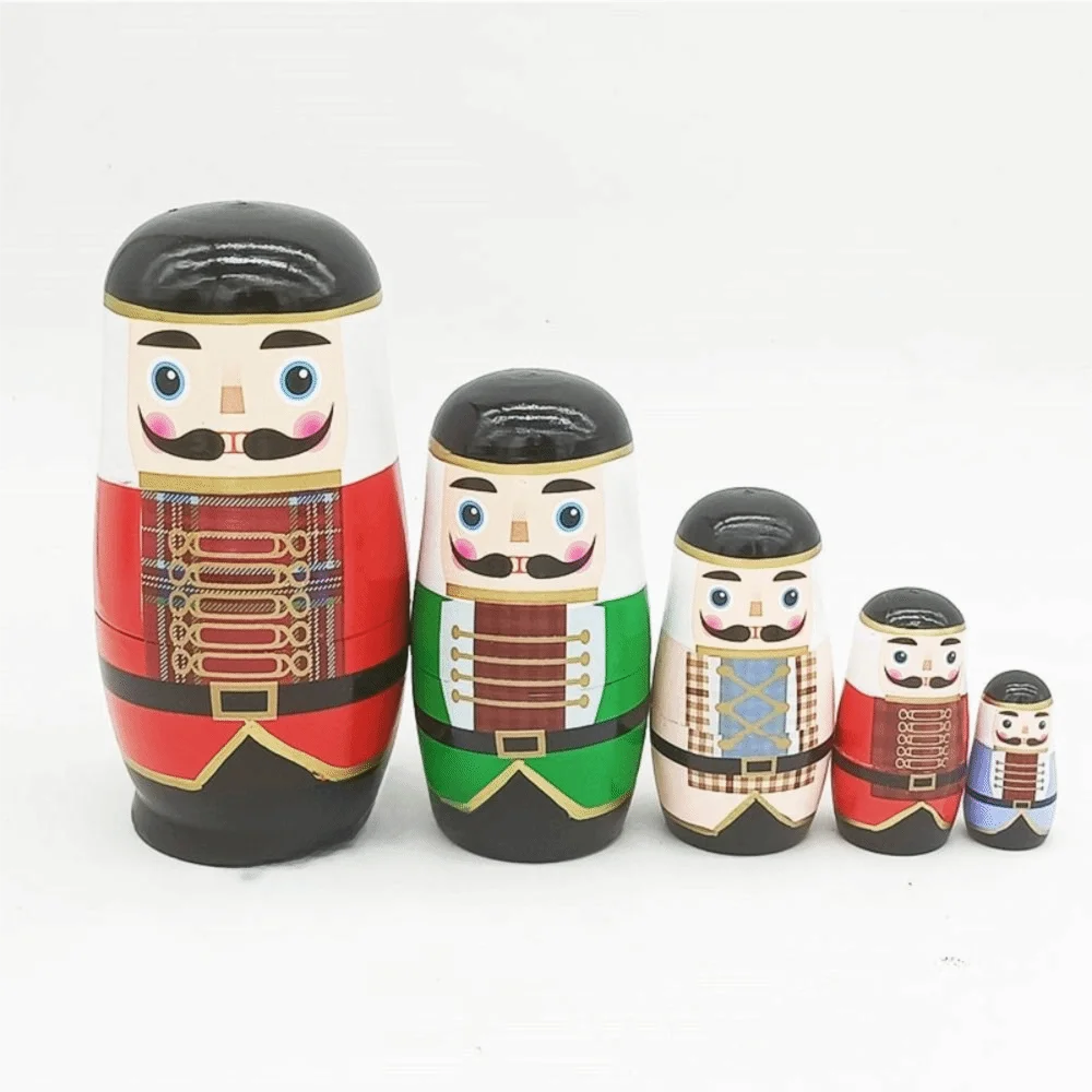5PCS Handmade Wooden Nutcracker Nesting Dolls Painted Finish Stacking Design Wooden Nutcracker Figures Decorative Figures