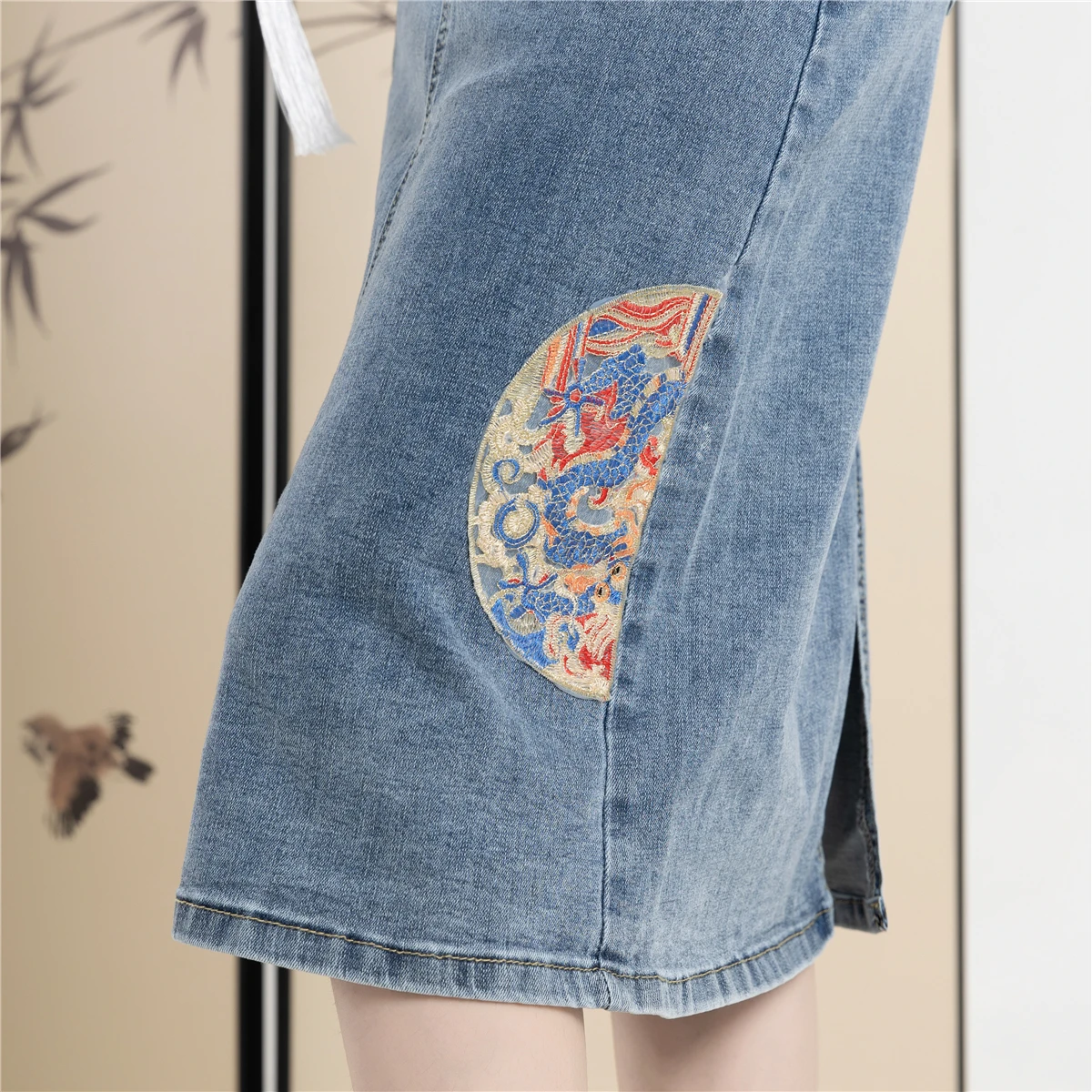 New 2024 Spring Summer Denim Skirt For Women High Waist Embroidery Back Slit Blue Jean Skirts Chinese Style A Line Skirt Women