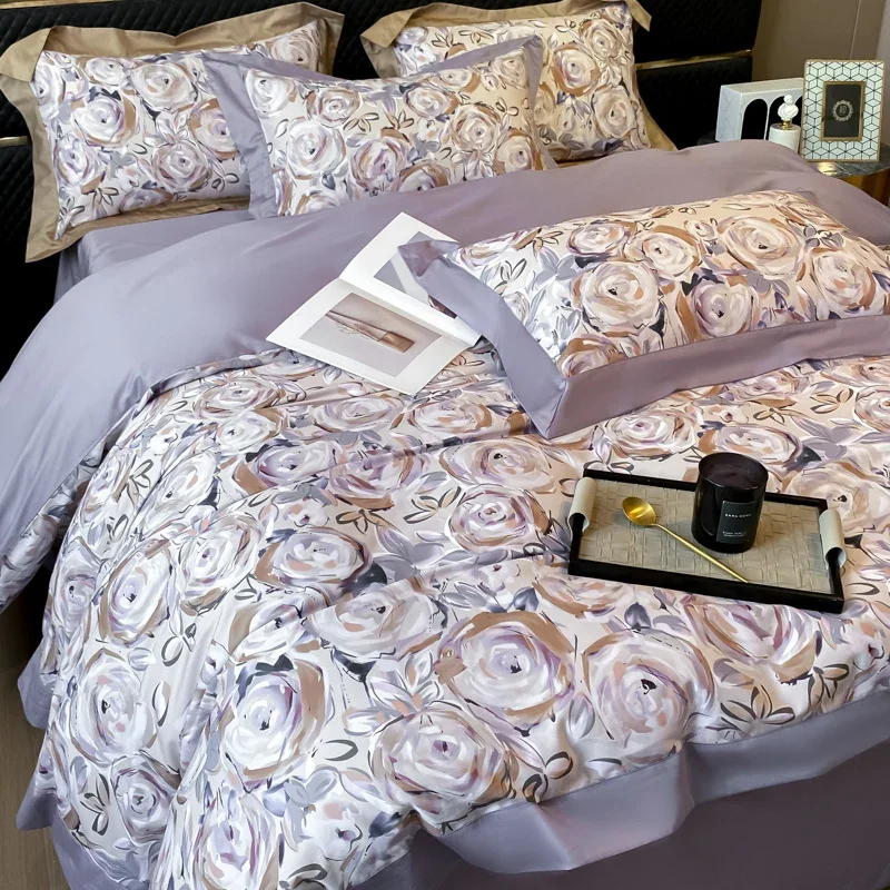

Egyptian Cotton Bedding Set - Artistic Flower Flat Sheet + 2 Pillowcases (Silky & Skin-Friendly, Queen/King Size)