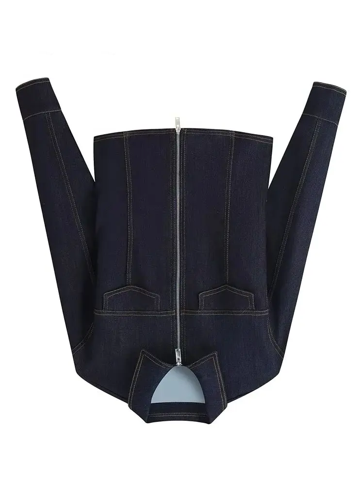 Damski zestaw dżinsowy w stylu vintage: dopasowana kurtka dżinsowa z długim rękawem, zapinana na zamek, z klapami + dżinsy o średnim stanie, dopasowane, zapinane na zamek.