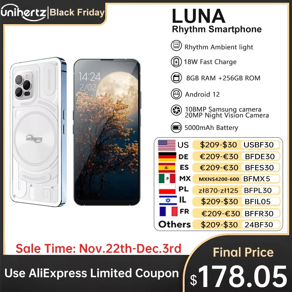 Unihertz Luna Smartphone Rhythm Ambient LED Strip Music Phone 8GB RAM 256GB ROM 108MP G99 Telefon komórkowy Night Vision Telefon komórkowy