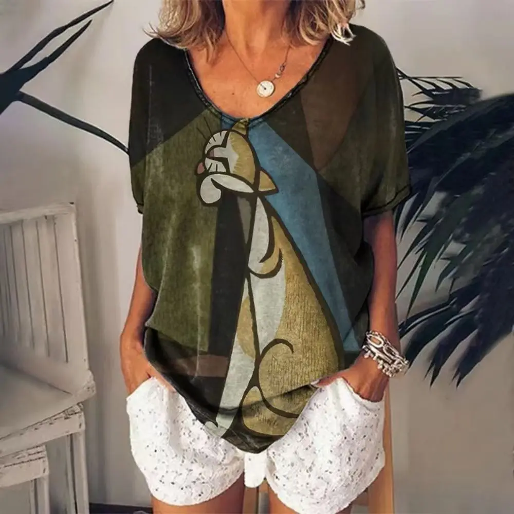Vintage damski T-shirt Cartoon nadruk z kotkiem koszula V-neck dziewczyny ubrania Harajuku bluza dresowa z krótkim rękawem lato bluzka w za dużym