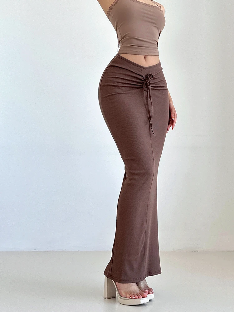 

Liviahome вязаная плиссированная облегающая юбка с низкой талией и запахом, женская повседневная летняя длинная юбка, уличная юбка трапециевидной формы с поясом