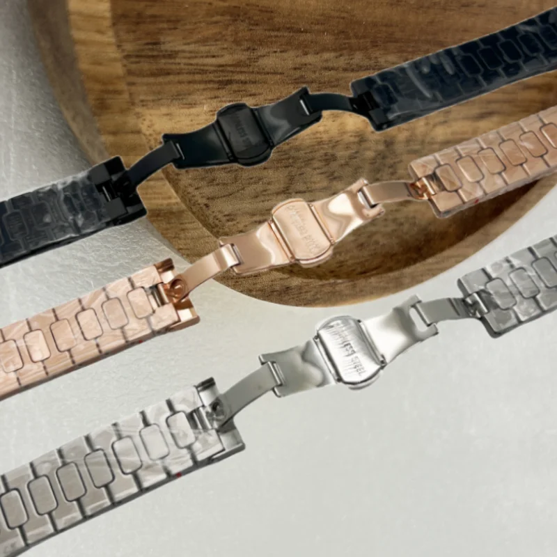 GMOGAR حزام ساعة سوداء 25 مللي متر * 13 مللي متر حزام (استيك) ساعة ل باتك Phlpe نوتيلوس 5711 5712/1A010 محدب الصلب حزام الساعات حزام ناقل من الفولاذ لا شعار