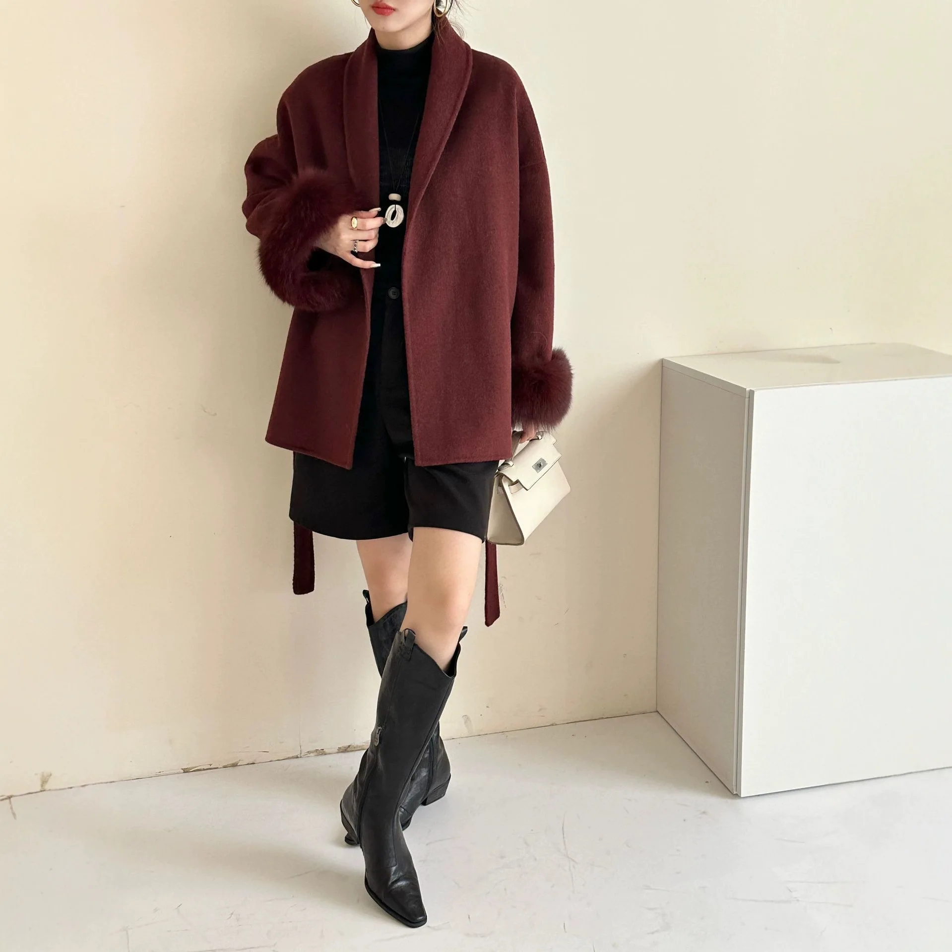 معطف فرو الثعلب الراقية الدانتيل متابعة الأخضر الفاكهة طوق مزاجه الوجهين الصوف سترة الصوفية المرأة الجديدة الخريف الشتاء ماو ماو #4