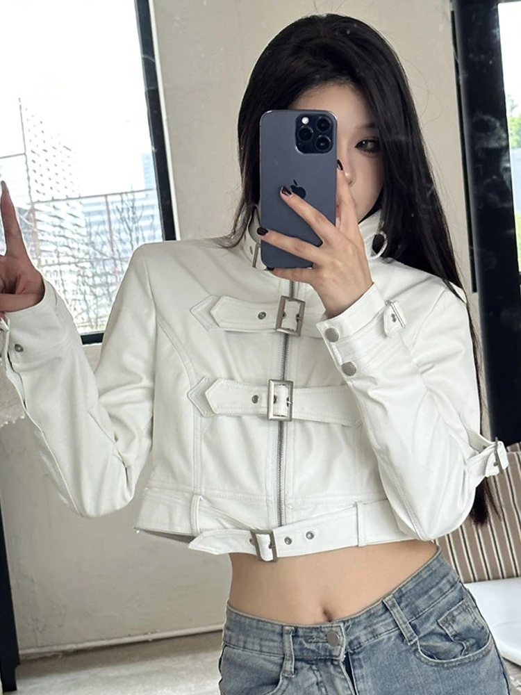 SONNEESD American Style Streetwear Harajuku Zipper Full Sleeve PU Coat Vintage Locomotive Design Cowgirl Fashion Short Jacket