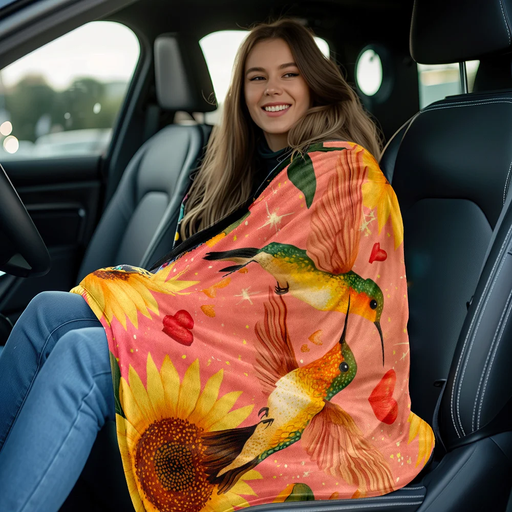Sunflower Hummingbird Love Hearts Flannel Blanket Bright Summer Design Soft Comfortable Throw Bedding Nature Inspired Decor Gift
