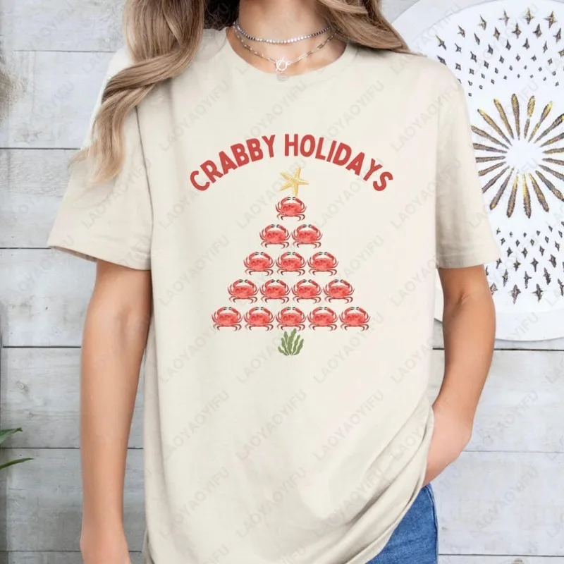 مضحك عيد الميلاد شجرة السلطعون الرجال النساء القطن التي شيرت المحيط الحياة عيد الميلاد الجمالية الشاطئ تيز العطلات البحرية عالم الأحياء عيد الميلاد القمم #3