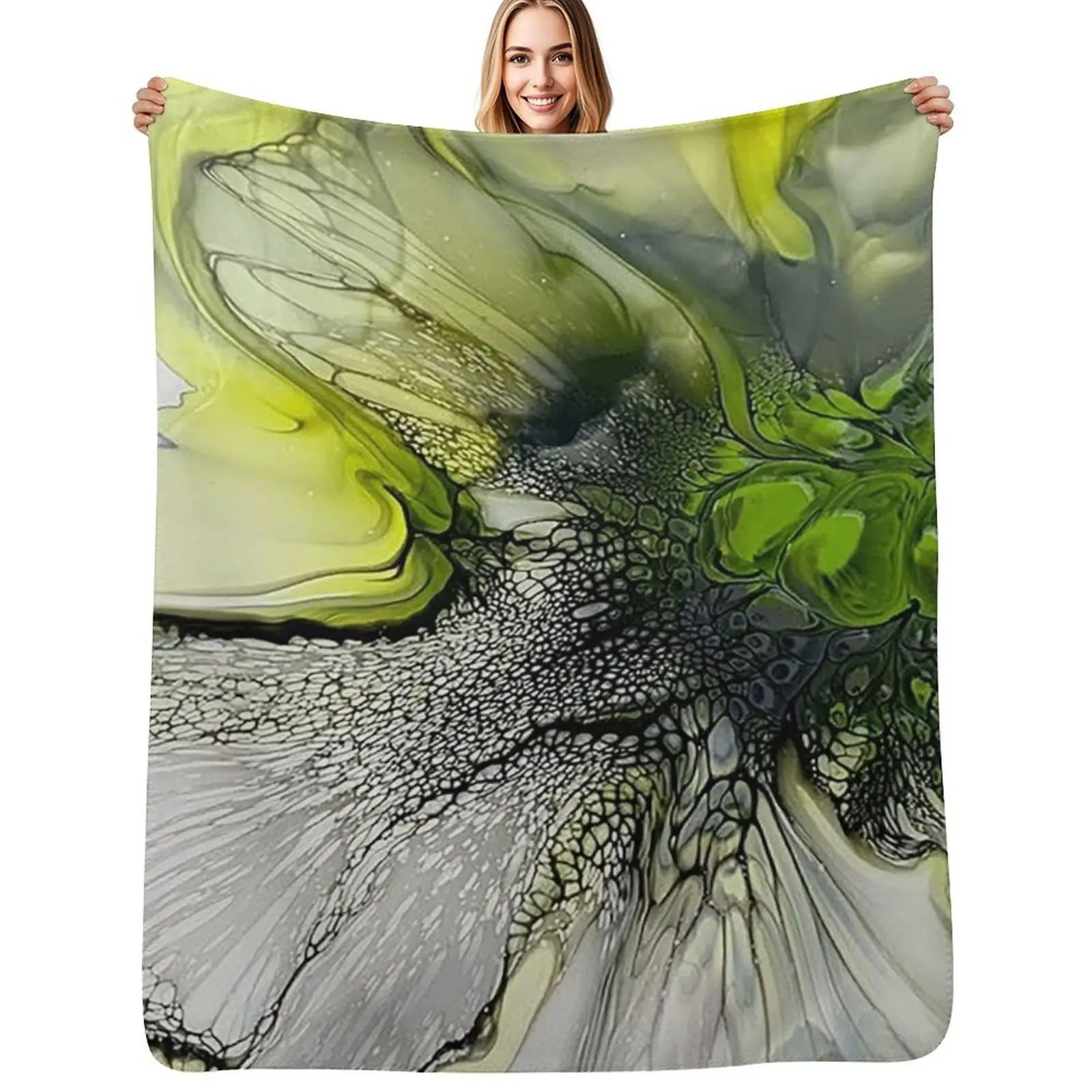 

Beautiful Lime Green and Grey Abstract Fluid Art Acrylic Pour Painting Throw Blanket Fall harvest decor blanket
