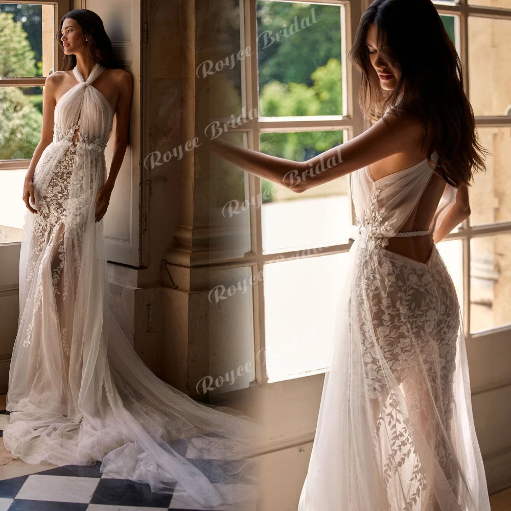 Sexy Appliques Elegant Mermaid Wedding Dresses 2027 Cut Out Halter Tulle Bridal Gown Customized Vestido De Novia