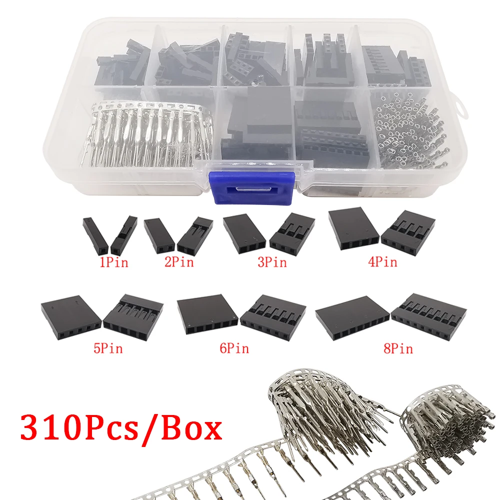 310Pcs/Box 2.54mm Dupont Housing Cable Jumper Wire Connector Kit 1/2/3/4/5/6/8Pin Male Crimp Pins+Female Pin Terminal Pin Header