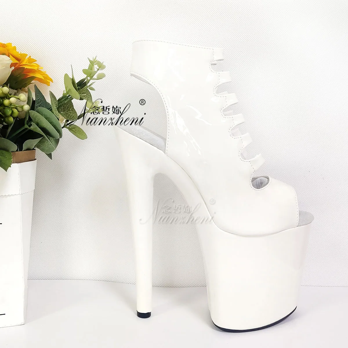 Gold Roman Gothic Ankle Boots 20cm Heels 8-Inch Peep Toe Platform Sexy Exotic Fetish Stripper Shoes for Pole Dance