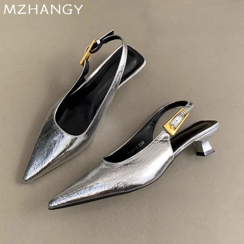 Pointed Toe รองเท้าส้นสูงกลางรองเท้าแตะ Elegant ตื้นรองเท้าผู้หญิง 2025 แฟชั่น Slingback รองเท้าแตะฤดูร้อนปั๊มชุด Mujer De Zapatillas