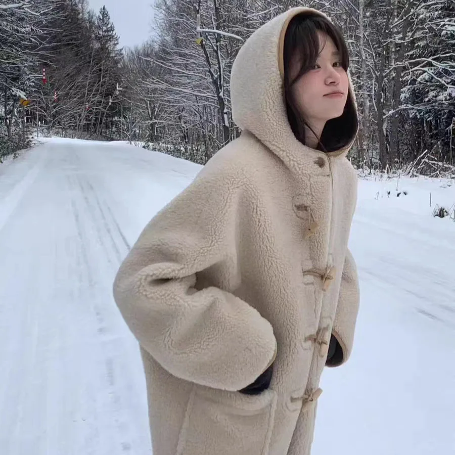 Tagkita Youth Retro losvallende jas met capuchon, leer en bont, met knopen versierd, casual Sle Long Sve, halflange jas