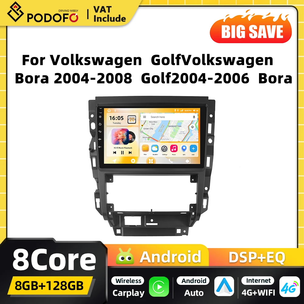 Podofo Snapdragon 8-Kern Carplay Android Autoradio GPS Stereo für Volkswagen Golf Bora 2004-2008 2DIN Autoradio 4G WIFI FM RDS