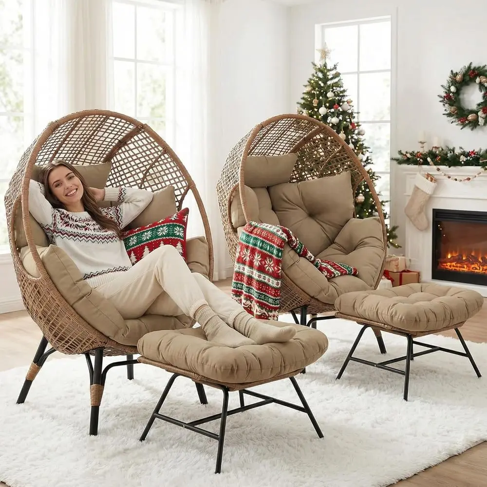 

Негабаритное плетеное кресло-яйцо с пуфиком, в помещении и на открытом воздухе, толстые подушки, вместимость 440 фунтов, коричневый в стиле бохо