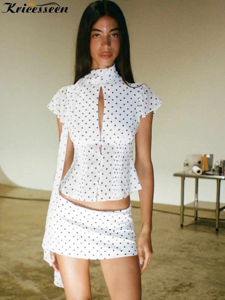 Kricesseen Vintage Polka Dot Mesh Matching Set Damen Elegantes Set mit Krawattenkragen, kurzen Ärmeln, schmalen Oberteilen und Miniröcken, Y2K-Outfits