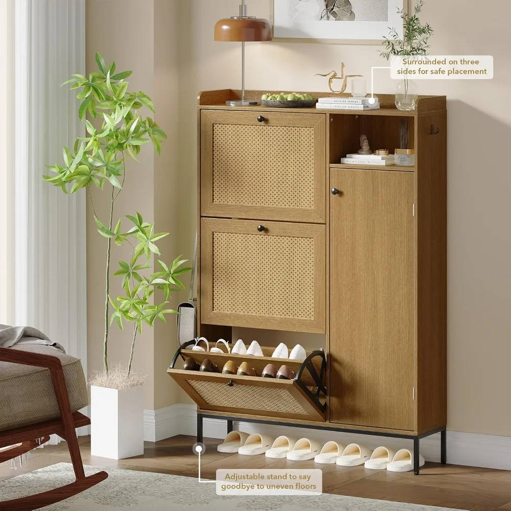 Shoes cabinet.Shoe Cabinet, Hidden Rattan Shoe Storage Cabinet with 3 Flip-up Drawers for Entryway, Shoe Organizer Cabinet