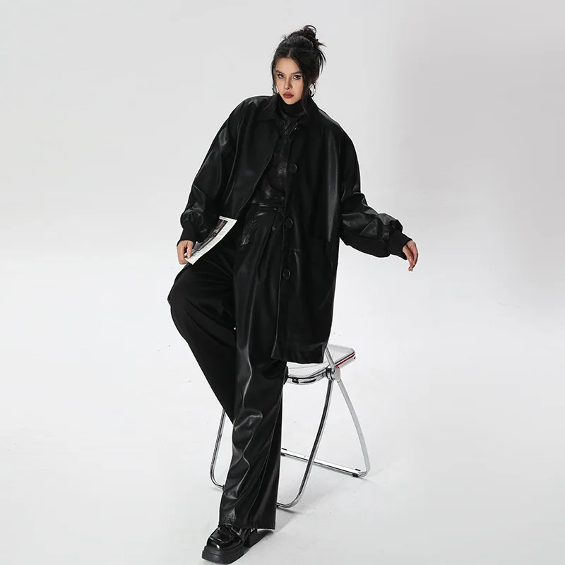 슈퍼에인 한국 싱글 브레스티드 캐주얼 가죽 재킷 2025 가을 신상 루즈 디자인 트렌치 코트