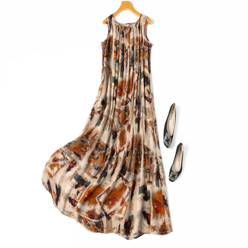 Women Silk Tank Dress 100% Mulberry Silk Crepe Silk Art Paintings Printed Sleeveless Big Hem A-Line Midi Dress Office Lady M1314