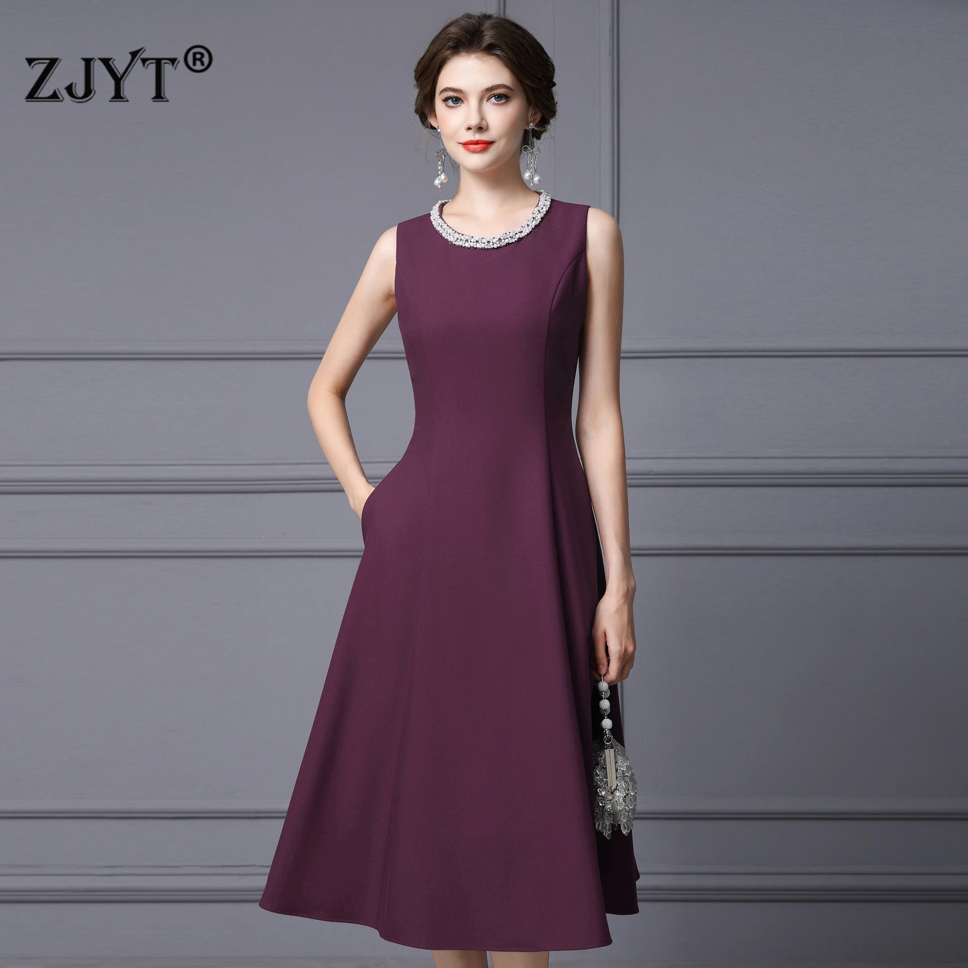 ZJYT 여성용 비딩 O넥 민소매 베이직 드레스 가을 신상 2025 패션 솔리드 미디 탱크 캐주얼 파티 드레스 여성 의류