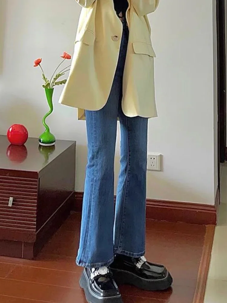 

Джинсы для женщин с расклешенной талией, потертые, старые, винтажные, однотонные, в корейском стиле, повседневные, универсальные, весенние, базовые Джинсы Женские