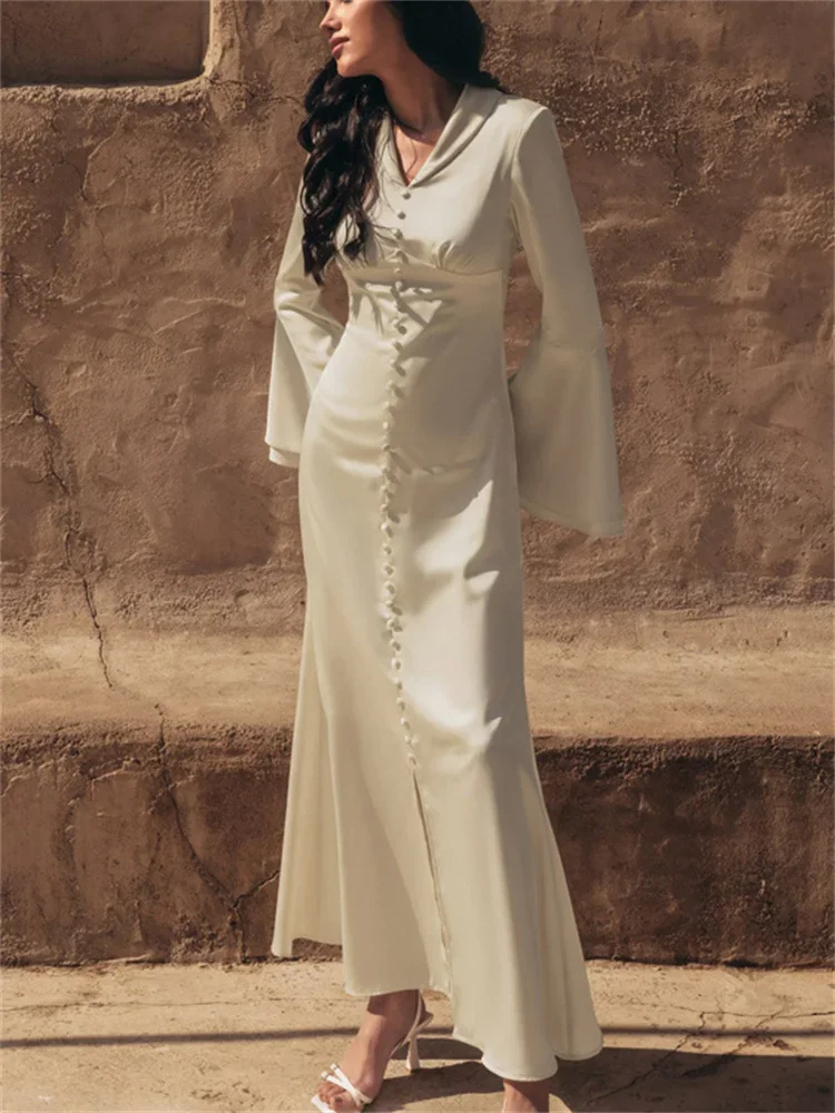 

White Pleated Satin Maxi Dress For Women Slim Elegant Patchwork High Waist Fashion Party Dress V-Neck Female Long Dress