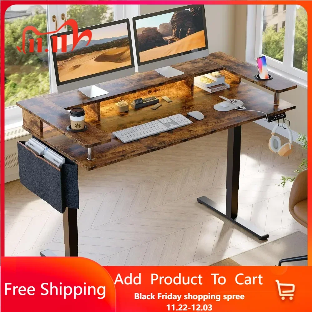 LED Electric Standing Desk Adjustable Height, Large Sit Stand Desk with Monitor Stand, Ergonomic Rising Desk