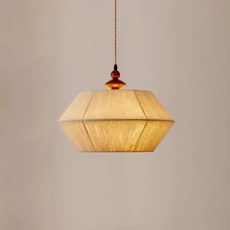 Wabi-Sabi Wind Medieval Cotton Pendant Lamp Linen Chandelier for American Japanese Retro Homestay Tea Room Study Walnut Color