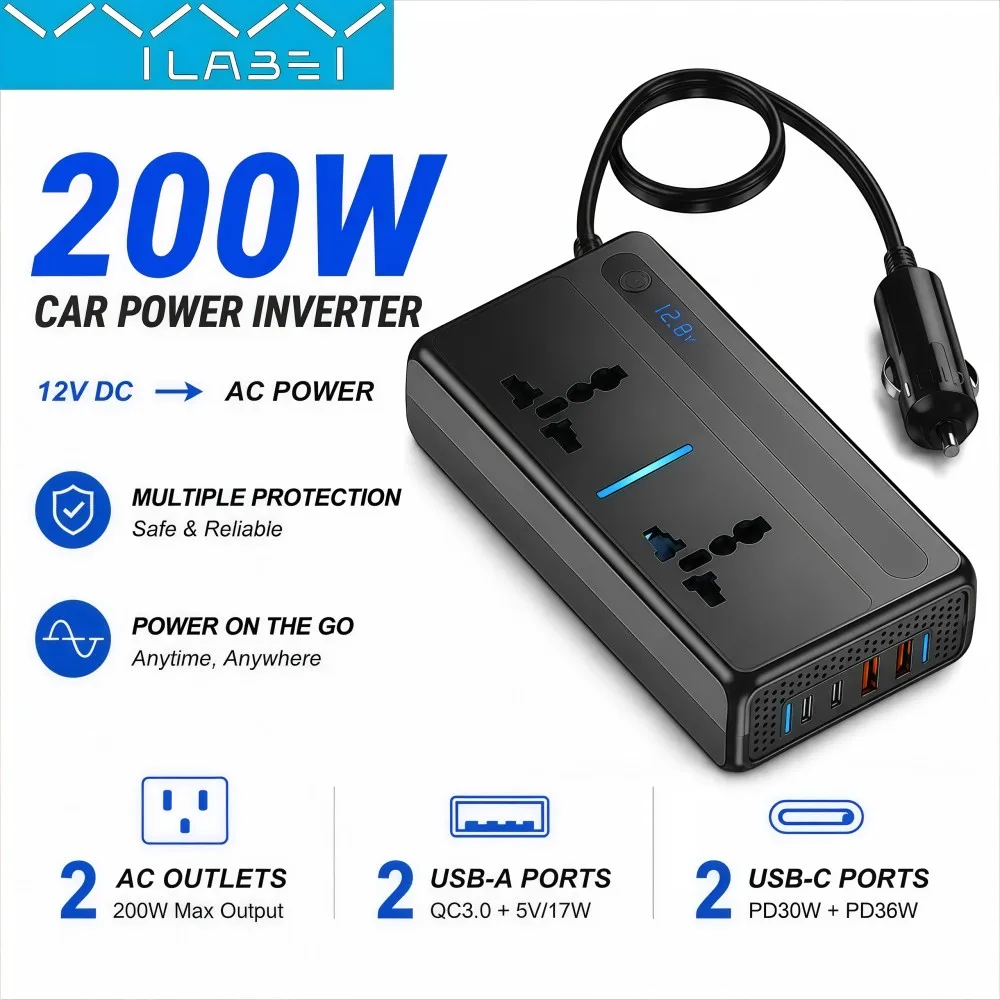 Vyvylabs 200W Car Power Inverter 12V DC to 220V AC Converter Auto Power Adapter