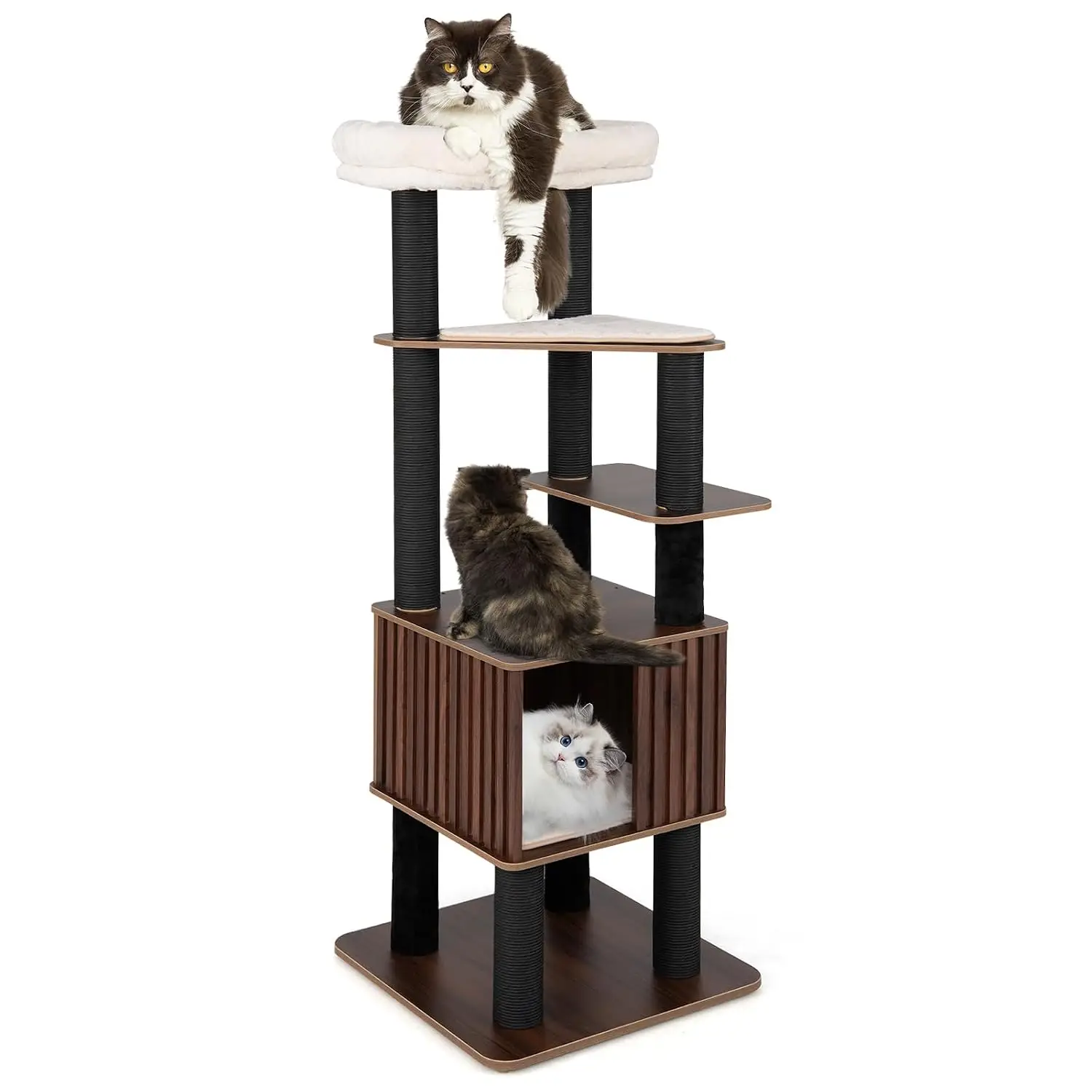 64-inch Wooden Cat Tree Multi-Level Tower with Scratching Posts Condo Top Hole Soft Pad Padded Perch Dangling Ball, Customized
