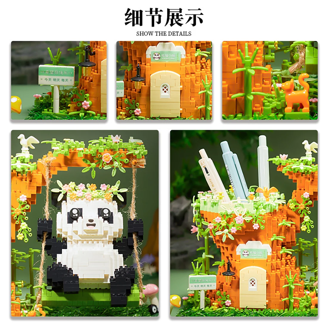 Exquisite Panda Pen Holder Micro Building Blocks Assemble Panda Swing Table Container Model Mini Brick Toys For Children Gift