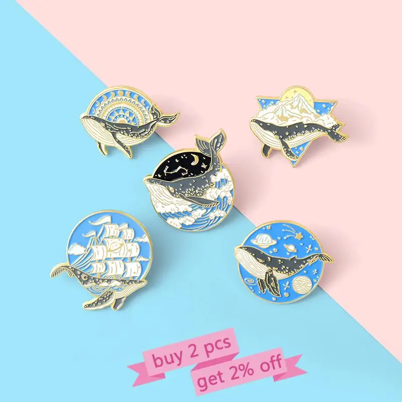 Ocean Animal Enamel Pins Whale Sea Wave Sailing Adventure Brooch Lapel Badge Bag Explore Jewelry Gift for Kids Friend