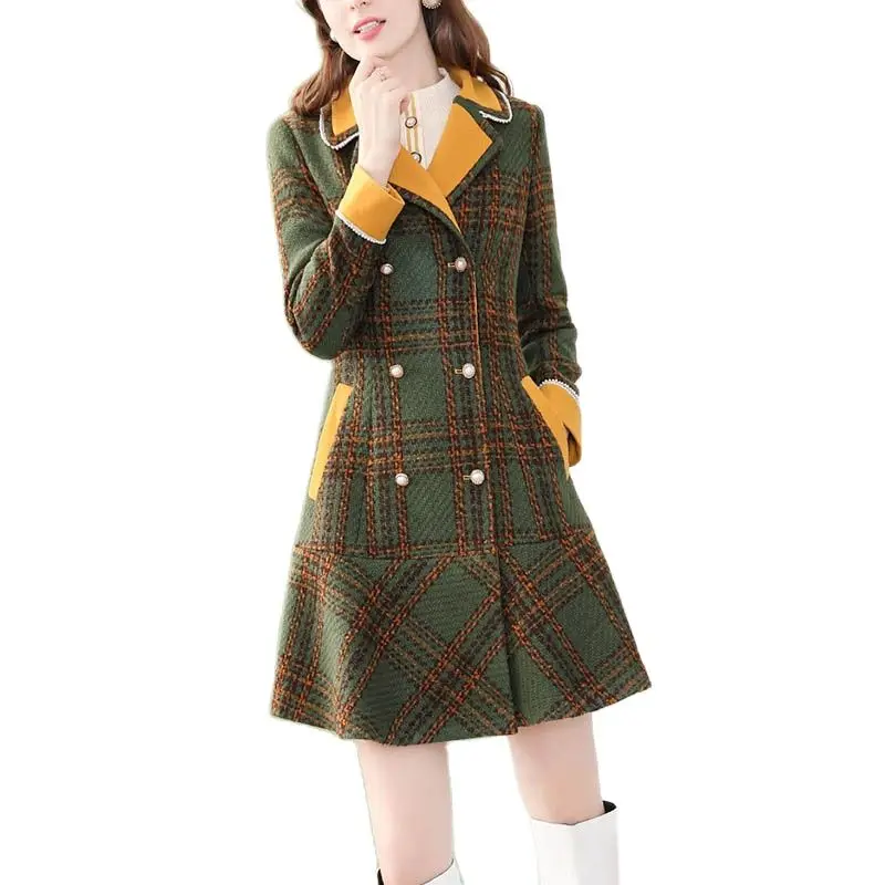 

Green Plaid Fashion Woolen Coat Women's 2022 Spring And Autumn New Loose Slim Suit Collar Long Button Skirt Coat Women's Tide