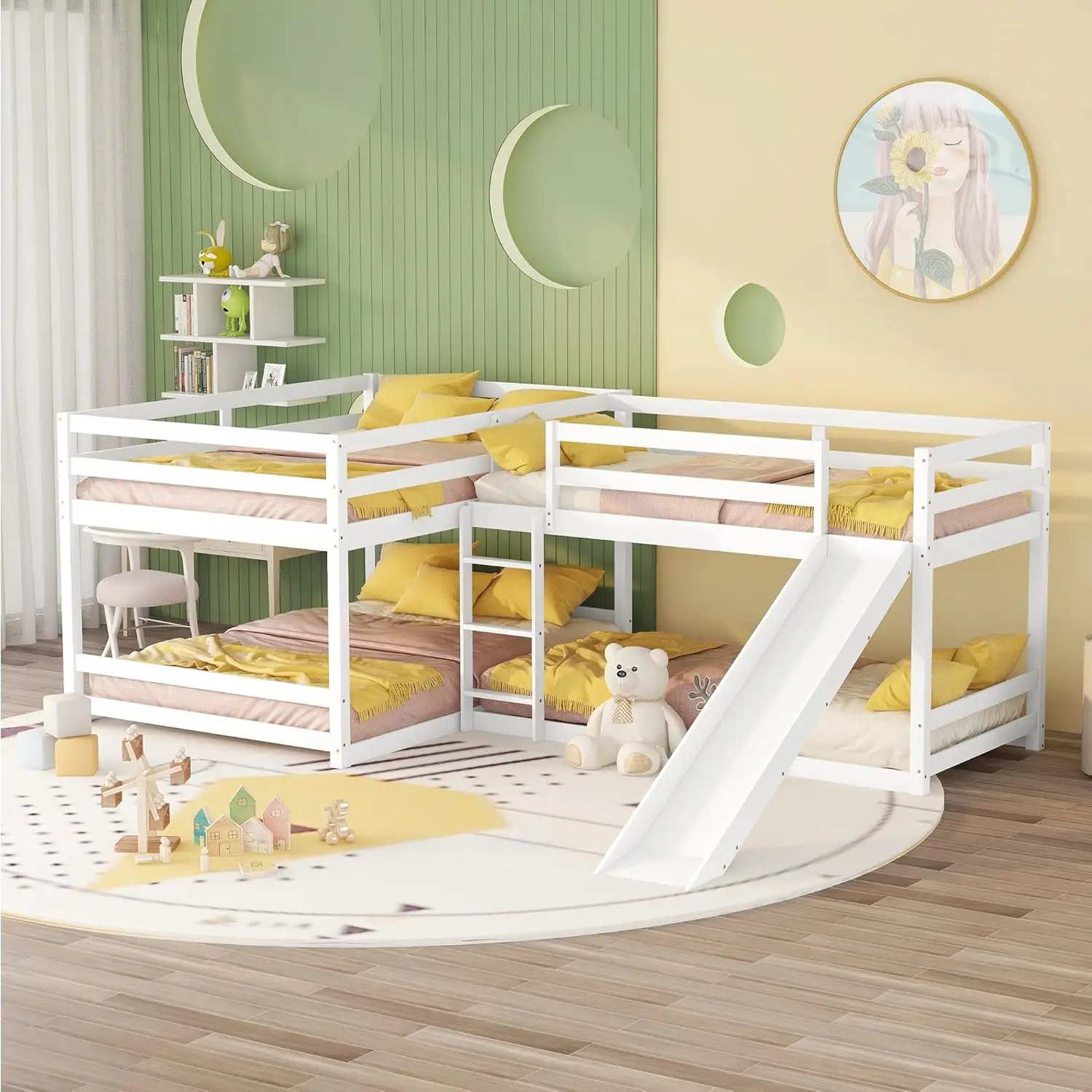 

MERITLINE Quad Bunk Beds,Wood L-Shaped Bunk Beds with Slide and Ladder, 4 in1 Full and Twin Size Bunk Bed for Kids, Teens