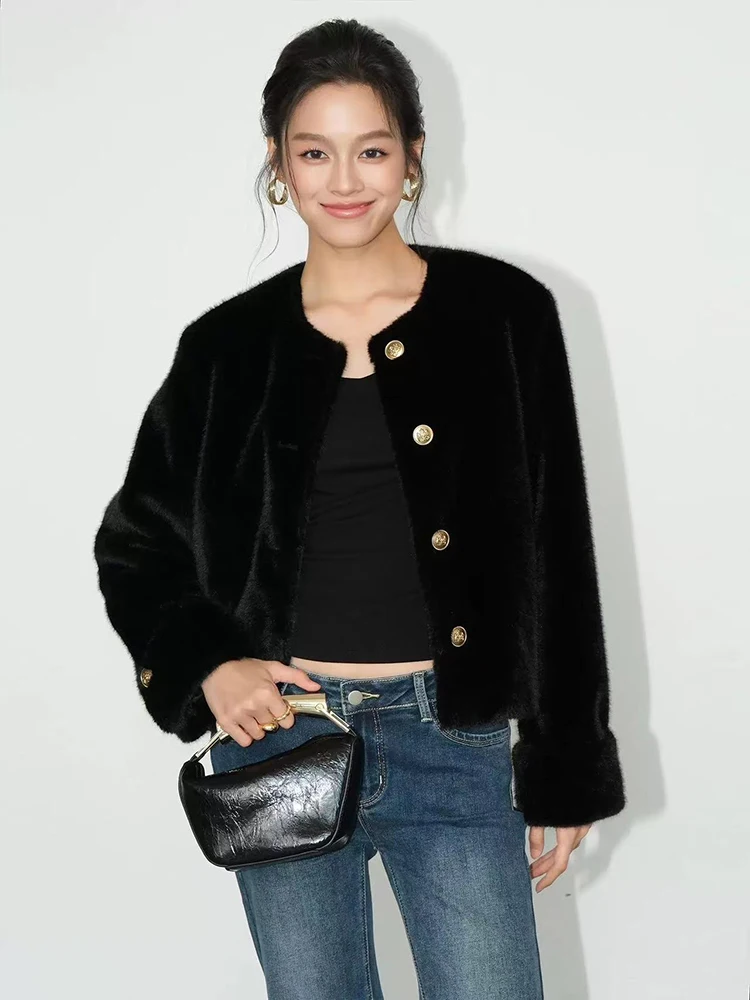 Black Faux Mink Crop Jacket Women Korean Elegant Single Breasted Casual Coats Winter Thick Office Lady All Match Fur Outerwear