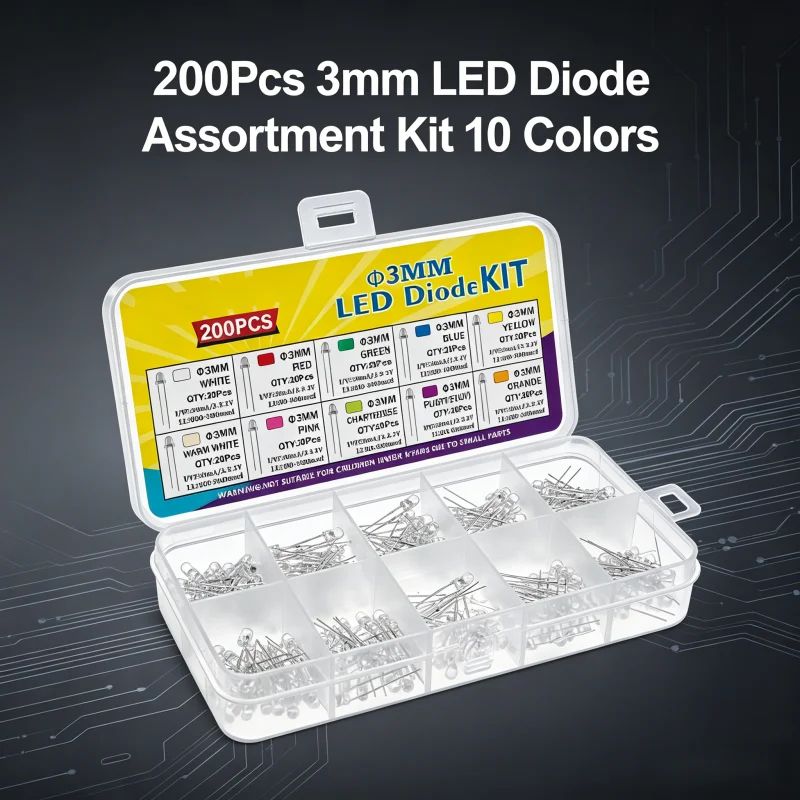 200Pcs 3mm LED Diode Assortment Kit 10 Colors Warm White Red Orange Yellow Green Blue Purple Pink Light Emitting Diodes