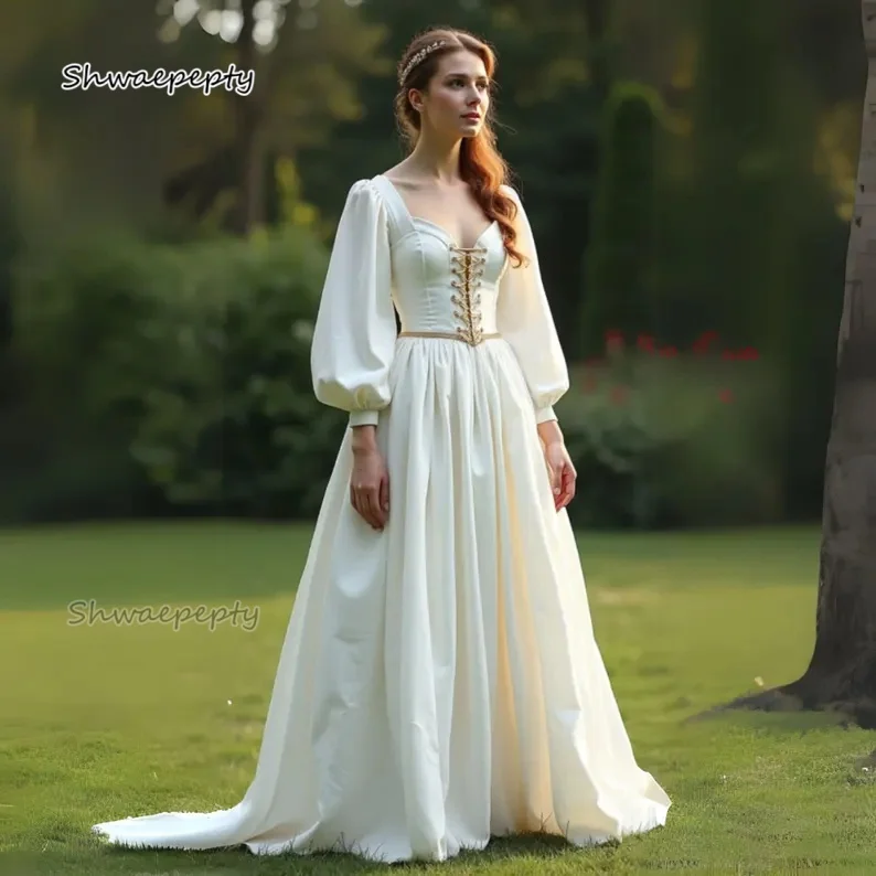 Medieval Wedding Dress Corset Bodice with Lace-Up Back Bishop Sleeves Fantasy Ivory Renaissance Bridal Gown Customized