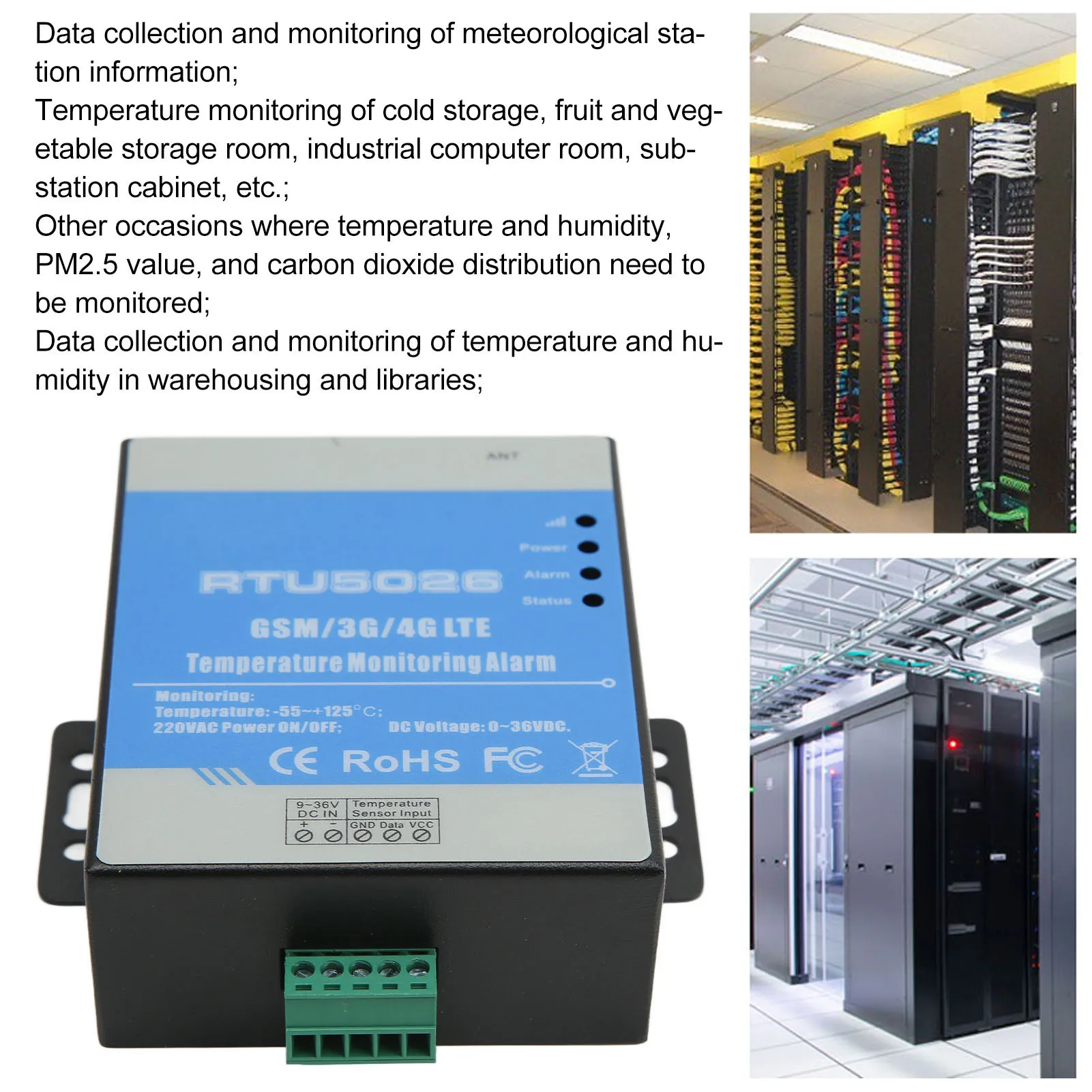 Alarm temperatury 12VDC GSM 3G 4G RTU Metal do elektrowni słonecznej, obserwatorium meteorologicznego, biblioteki, alarm temperatury