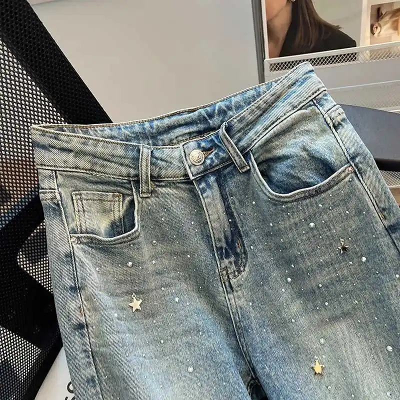 อุตสาหกรรมหนักร้อนเพชรกางเกงยีนส์ผู้หญิงความรู้สึกการออกแบบ Retro กางเกงขากว้างเกาหลีสูงเอวหลวมกางเกงยีนส์ขนาดใหญ่ S-3XL