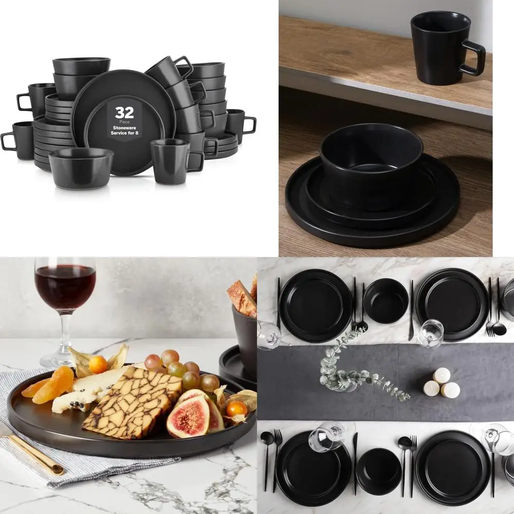 

Celina Stoneware 32-Piece Dinner Set in Black Matte, Plates and Bowls for 8, Modern Design