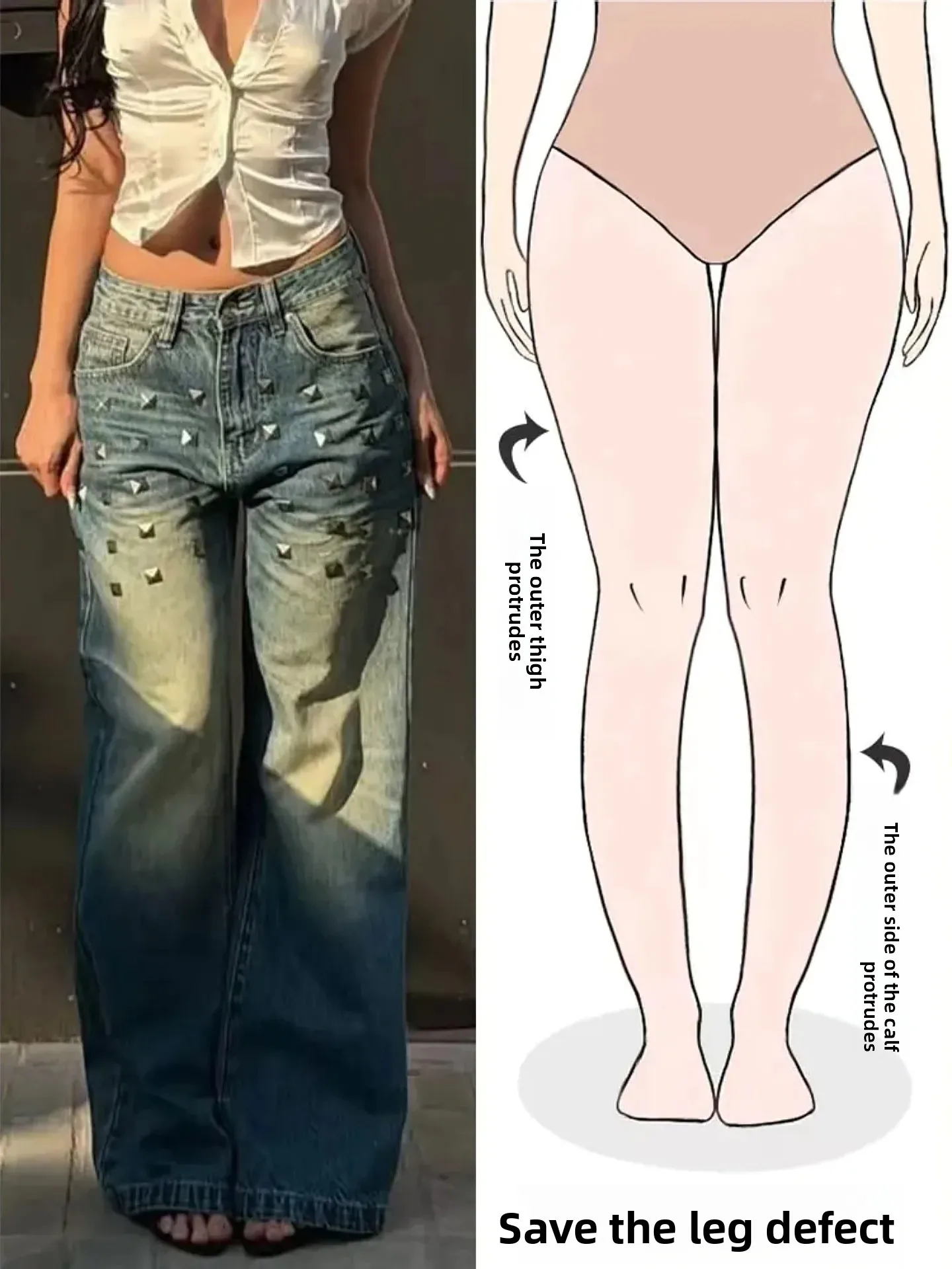 

Ретро джинсы с эффектом потертости, широкие штанины, женские, больших размеров, с заклепками, для фигуры типа «груша», летняя новинка