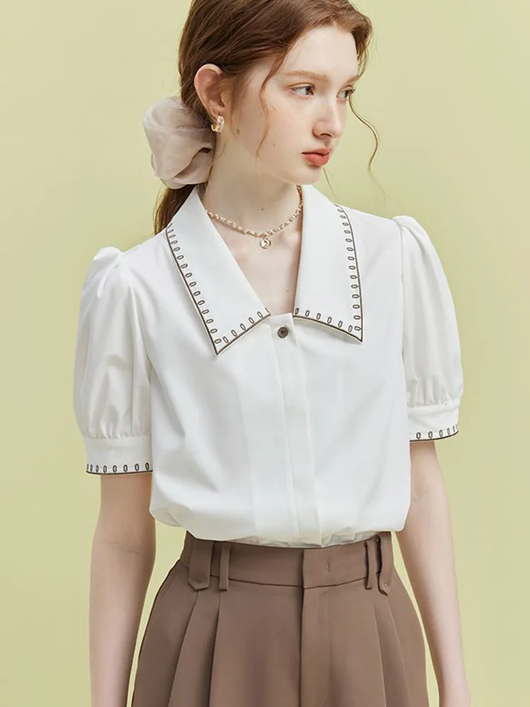 

Винтажная шифоновая белая рубашка, женская повседневная элегантная милая блузка с вышивкой, корейская винтажная простая женская рубашка с коротким рукавом