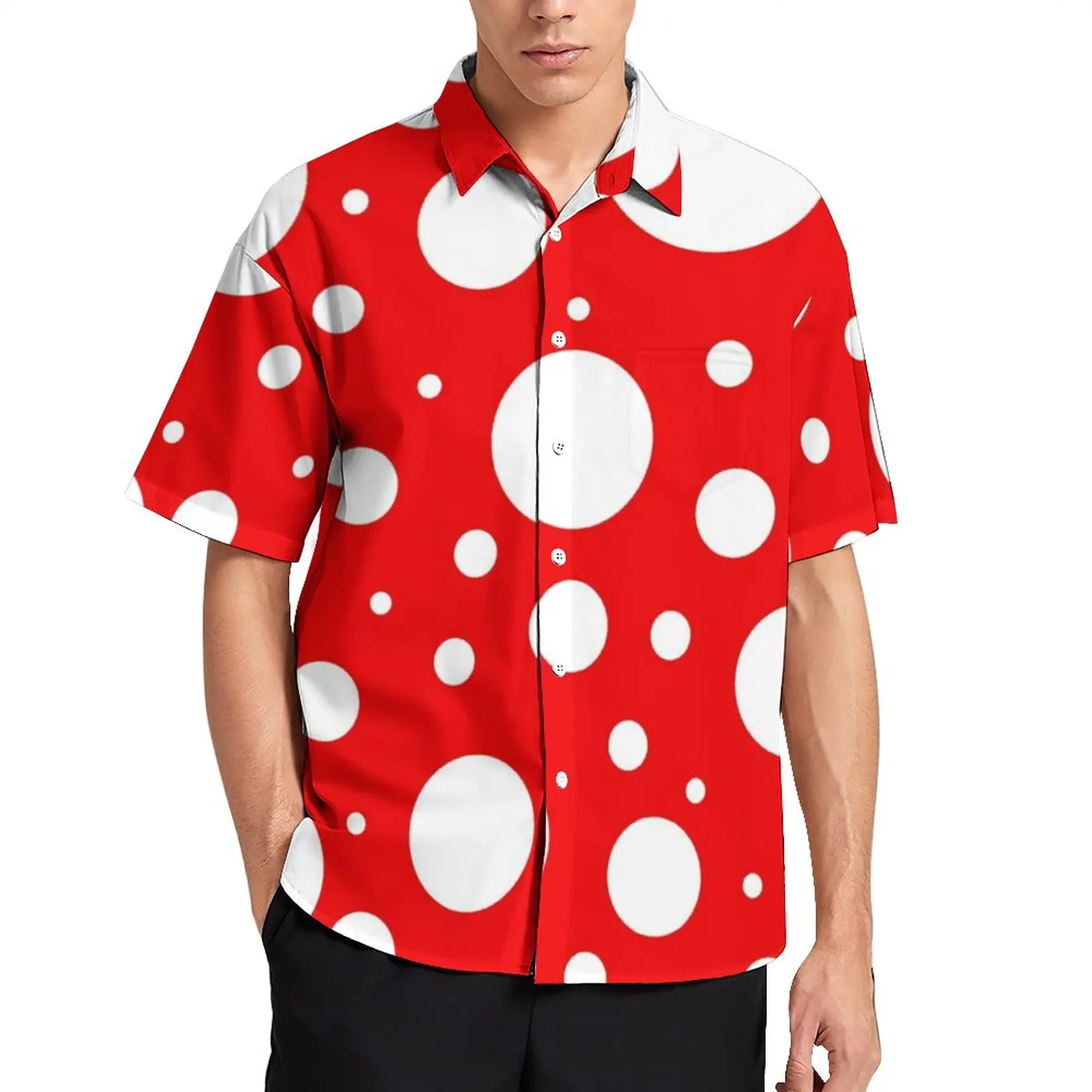 Red White Polka Dot Casual Shirt Men Kusama Yayoi Inspired Vacation Shirt Retro Blouses Short-Sleeve Oversized