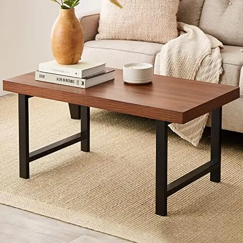 

44in Modern Coffee Table Butcher Block Top Large Accent Table, Rectangular Wood Industrial Rustic Coffee Table for Living Room w