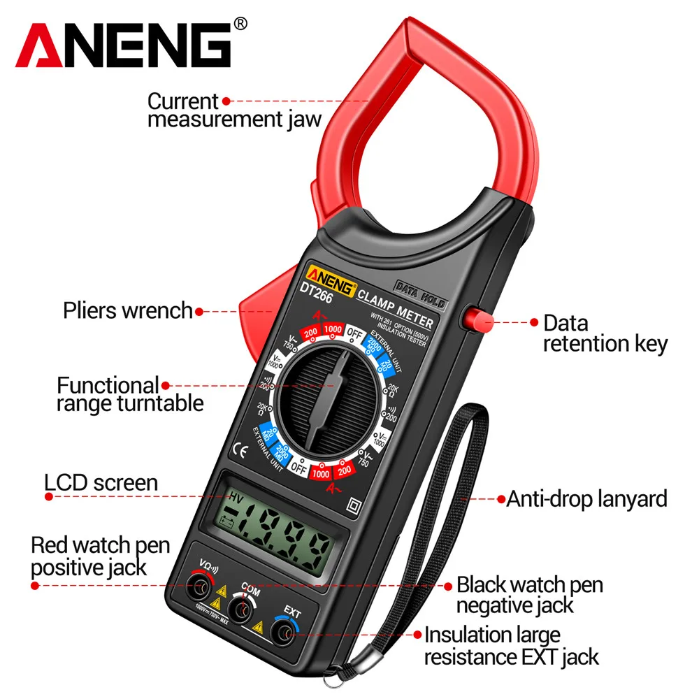 ANENG DT266-8 LCD1999 Counting Digital True RMS Professional Clamp Meter ACDC Voltage Tester Data Display Automotive Multimeter