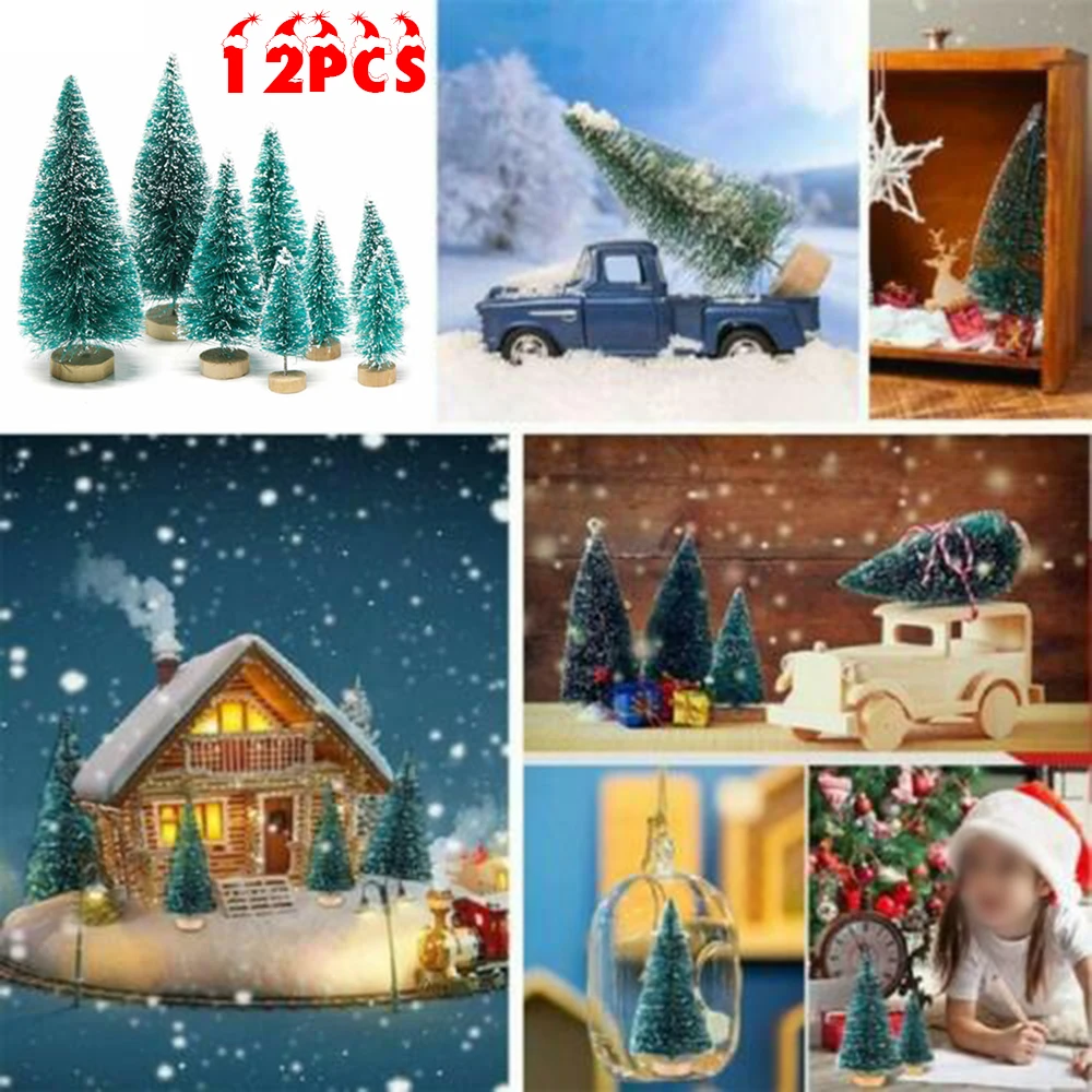 12 Pcs Mini Sisal Christmas Trees Decorations Snow Frost Small Pine Tree For Home Merry Party Desktop Decor Holiday Supplies