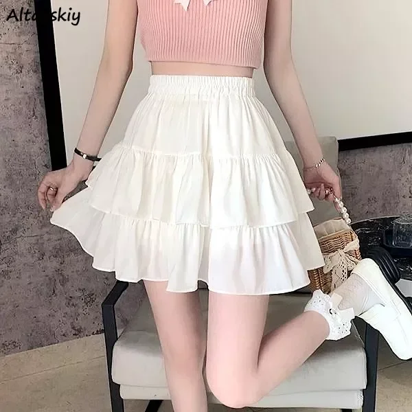 

Women Mini Skirts Ruffles Solid Color Streetwear Summer All-match Trendy Tender Soft Holiday Elastic Waist Hotsweet Pleated