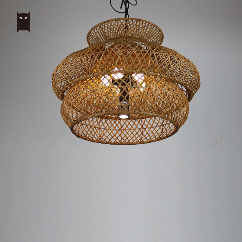 60cm Big Hand Woven Bamboo Wicker Rattan Shade Pendant Light Fixture Retro Vintage Country Hanging Ceiling Lamp Foyer E27 Bulb