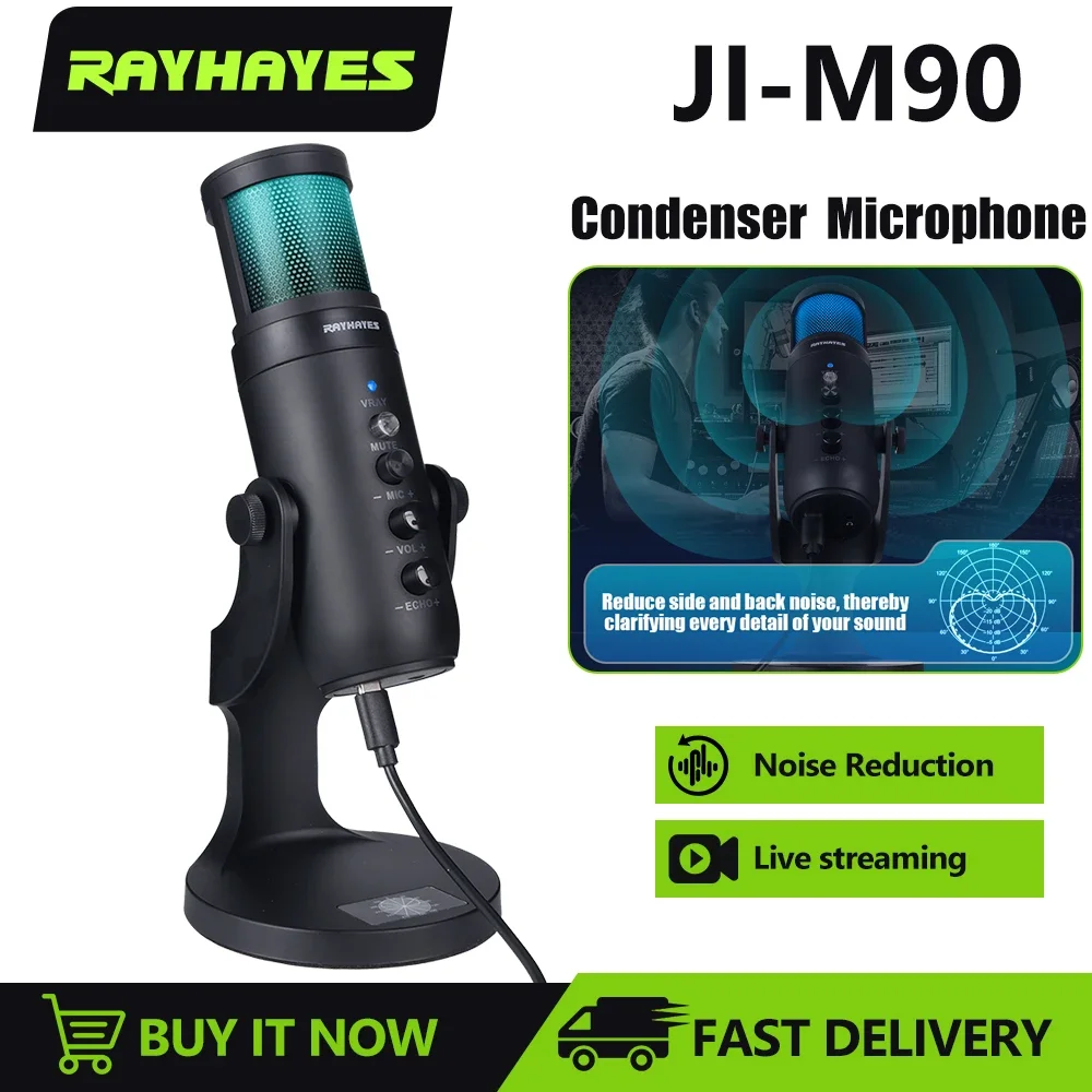 RAYHAYES JI-M90 Professional Live Streaming Microphone RGB USB Condenser Microphone for Podcast PC Studio Recording YouTube